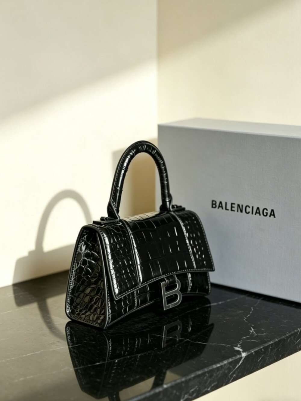 Balenciaga Hourglass XS Black Crocodile Embossed Handbag - Picture 4 of 7
